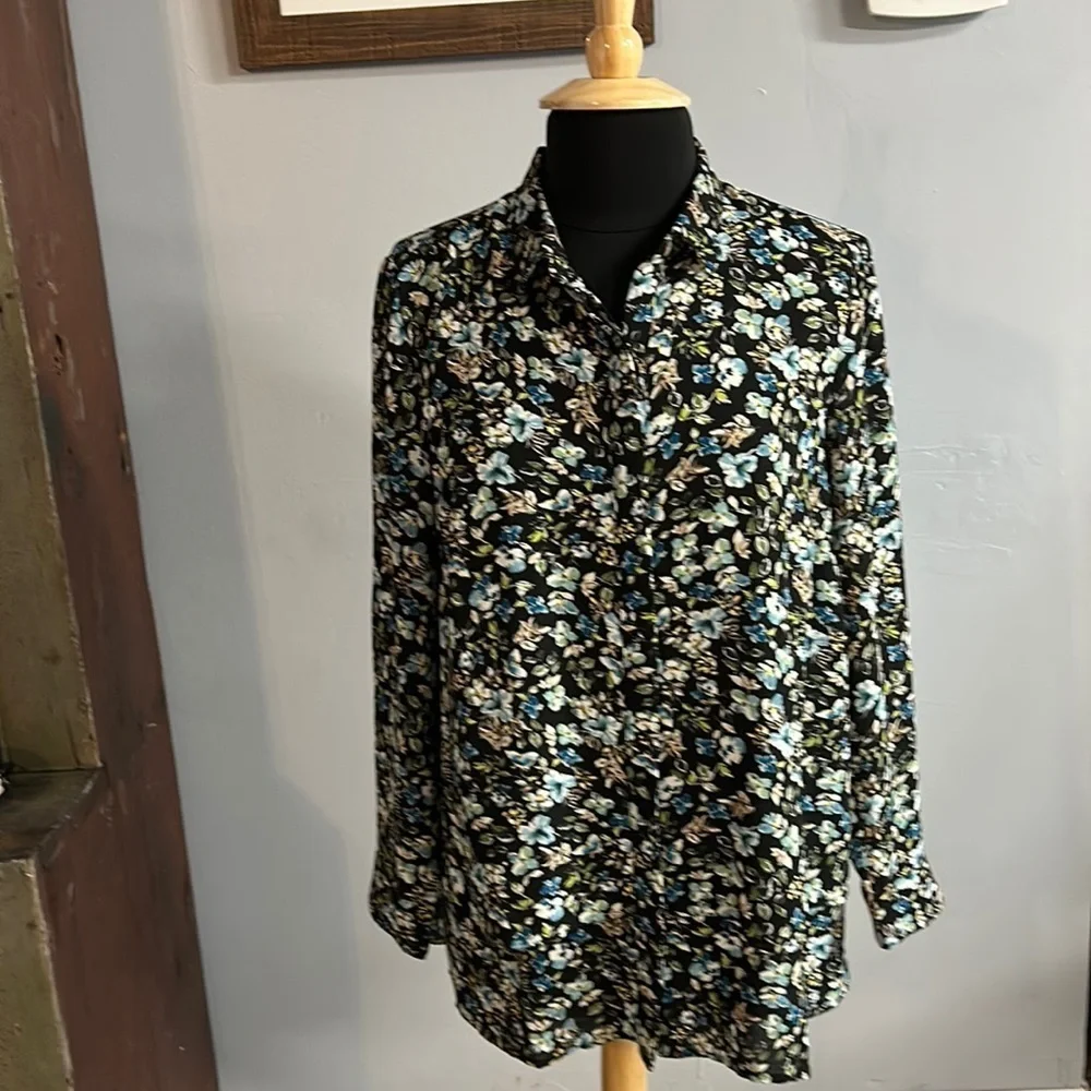 J.Jill Button Front Black Floral Layered Tunic Top Size Medium Petite